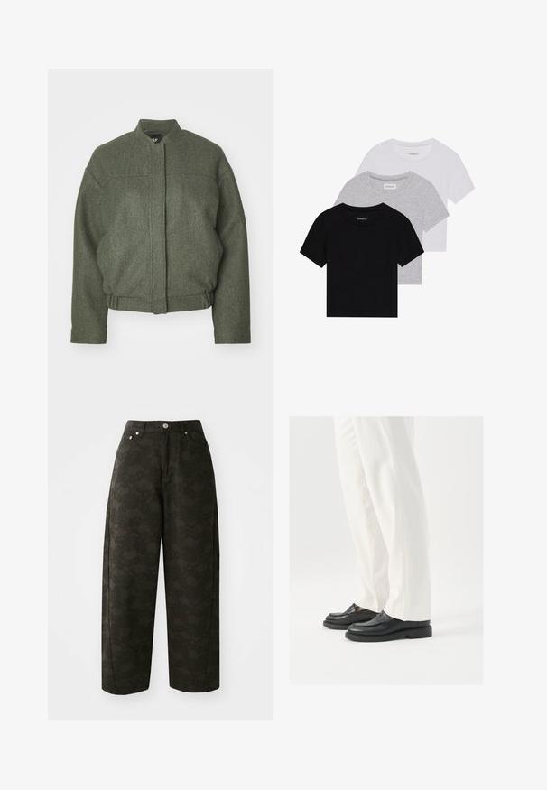 Žalias vilnos mišinio švarkas su aukšta apykakle, dėžutės formos, trumpu sijonu ir dviem priekinėmis kišenėmis. Audinys su tekstūra ir minimaliais siuvinėjimo detalėmis.; Trijų trumpomis rankovėmis marškinėlių rinkinys juodos, pilkos ir baltos spalvos. Pagaminti iš medvilnės, turi apvalų iškirpimą ir paprastą, vientisos spalvos dizainą.; Tamsiai žaliai platūs kelnių modeliai turi tekstūrinį gėlių raštą, penkias kišenes ir metalinius mygtukus juosmens srityje.; Juodi odiniai loafersai su lygia tekstūra, siuvinėjimo detalėmis ir apvaliu pirštu, derinami su baltais pritaikytais kelniais.