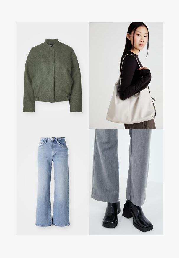 Grøn uldblandingsjakke med opretstående krave, boxy fit, cropped kant og to frontlommer. Tekstureret stof med minimale syninger.; Sæt af tre kortærmede t-shirts i sort, grå og hvid. Fremstillet af bomuld, har en rund hals og et enkelt, ensfarvet design.; Lysblå højtaljede brede jeans med for- og baglommer, knaplukning og subtil falming på lårene og kantene.; Sort hæl støvle med firkantet tå, glat læderfinish og en kraftig platform. Parret med lysegrå, bredbenede bukser.; Beige håndtaske lavet af blødt materiale med et slouchy design, stikninger og to skulderremme. Velegnet til daglig brug.