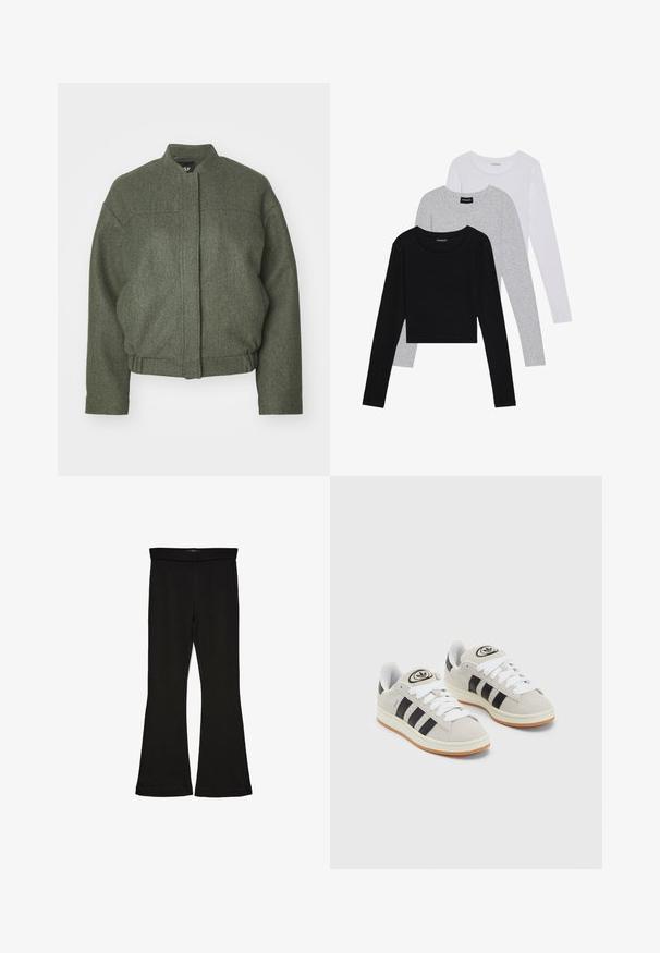 Zaļš vilnas maisījuma žakets ar stāvošu apkakli, kastveida piegriezumu, īsu malu un divām priekšējām kabatām. Tekstūrēta auduma ar minimālām šuvju detaļām.; Trīs garām piedurknēm veidotas augšdaļas, sakrautās: melna, pelēka un balta. Katram ir noapaļots kakla izgriezums un īsa dizaina forma ar gludu, vieglu audumu.; Melnas flared leggings, kas izgatavotas no stiepjama auduma. Iezīmējas ar platu jostasvietu un gludu tekstūru, ar pieguļošu siluetu, kas paplašinās pie apakšmalas.; Pelēkas zamšādas kedas ar baltām saites, melnām svītrām un baltu gumijas zoli. Raksturīga apļa logo uz mēles un gumijas zole.