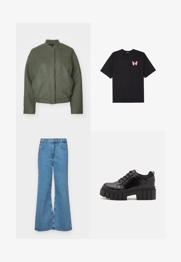 Jachetă verde dintr-un amestec de lână, cu guler ridicat, croi boxy, hem scurt și două buzunare frontale. Material texturat cu detalii de cusătură minime.; Tricou negru din bumbac cu mâneci scurte, având pe partea stângă a pieptului un mic grafic cu un fluture roz. Design cu guler rotund și croială lejeră.; Jeanși evazați de culoare albastru deschis, din denim, cu talie înaltă, cinci buzunare și închidere cu un singur buton. Textură moale cu un finisaj decolorat.; Pantofi cu talpă plată din piele neagră, cu toc gros, vârf rotund și design tradițional cu șireturi. Prezintă o textură netedă și detalii minime.