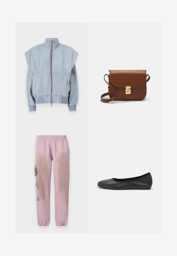 Gaiši zila džinsa jaka ar augstu apkakli, ar rāvējslēdzēju un plašiem pleciem. Ietver savelkamas aproces un smocked jostasvietu, lai nodrošinātu pieguļošu piegriezumu.; Bieza piedurkņu balta T-krekls, izgatavots no ribota kokvilnas, ar apaļu kakla izgriezumu un taisnu apakšmalu. Vienkāršs dizains bez rakstiem vai akcentiem.; Rozā sporta bikses ar elastīgu jostu, kurām labajā pusē ir dekoratīvi uzliktni dimanta formā un elastīgas apkakles pie potītēm.; Melna ādas baleta kurpe ar noapaļotu purngalu, gludu tekstūru, minimālu šuvju detalizāciju un elastīgu zoles dizainu.; Bordo ādas rokas soma ar atloku, zeltītām detaļām, plecu siksnu un gludu virsmu. Kompakta, taisnstūrveida forma.