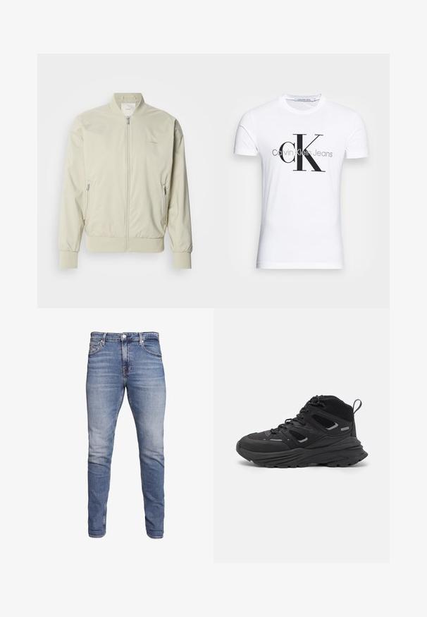Veste bomber beige clair en matériau lisse et léger. Dotée d'une fermeture éclair à l'avant, de poignets côtelés et de poches latérales. Détail de logo discret.; T-shirt en coton blanc avec un logo "CK" noir et le texte "Calvin Klein Jeans", manches courtes et col rond classique.; Jean slim taille bleue avec cinq poches, délavage, fermeture à bouton et passants de ceinture, présentés sur un fond blanc.; Chaussures de randonnée noires avec un design superposé, un tissu texturé et une semelle en caoutchouc, comportant des zones renforcées et un système de laçage à l'avant.