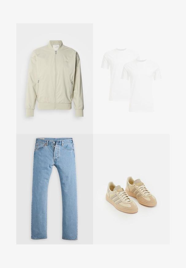 Veste bomber beige clair en matériau lisse et léger. Dotée d'une fermeture éclair à l'avant, de poignets côtelés et de poches latérales. Détail de logo discret.; Deux t-shirts en coton blancs à manches courtes et col rond, présentant une texture lisse et un design simple, empilés dans une position verticale.; Jean en denim droit bleu clair avec fermeture à boutons, passants de ceinture, et poches avant et arrière, présenté sur un fond blanc.; Baskets beige clair en suède et tissu, présentent trois rayures grises, des accents texturés et une semelle en caoutchouc tan. Les lacets sont blancs.