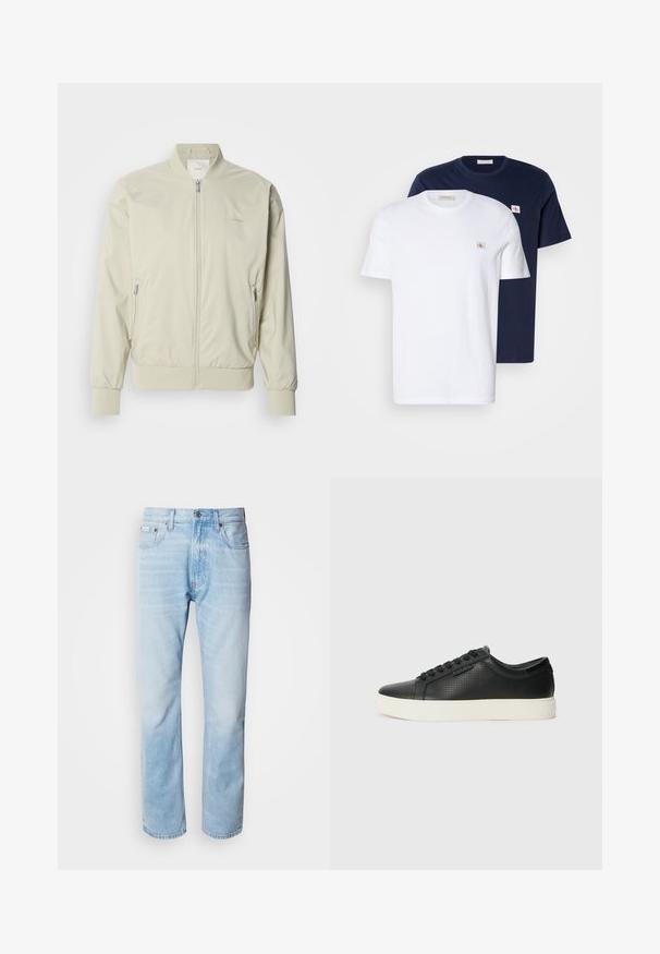 Vaaleahko beige bomber-takki, joka on valmistettu sileästä, kevyestä materiaalista. Takissa on vetoketjukiinnitys, ribbaus hihansuissa ja sivutaskut. Huomaamaton logo-detail.; Puuvillapaita pakkaus valkoisena ja tummansinisenä. Jokaisessa on pyöreä pääntie, lyhyet hihat ja pieni logopatch rintamalla.; Vaaleansiniset farkut suoranlahkeisella leikkauksella, joissa on haalistuneita kohtia, viisi taskua ja klassinen nappisuljenta.; Mustat nahkasneakersit rei'itetyllä pinnalla, pyöreällä varvalla ja litteällä valkoisella kumipohjalla. Varustettu mustilla nauhoilla ja hienovaraisella logolla sivussa.