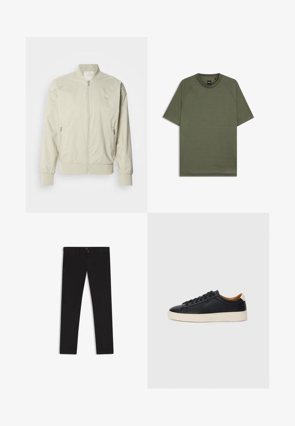 Light beige bomber jacket made of smooth, lightweight material. Features a zip front, ribbed cuffs, and side pockets. Subtle logo detail.; Plain olive green short-sleeve T-shirt with crew neck and raglan sleeves, featuring a small black "BOSS" label inside the collar.; Black trousers made of fabric with a smooth texture. Features a button closure, belt loops, and side pockets. Standard straight-leg design.; Black leather sneakers with a smooth texture, beige rubber sole, lace-up design, and a contrasting heel accent.