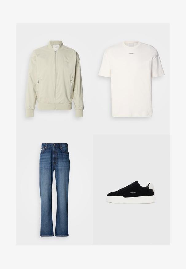 Light beige bomber jacket made of smooth, lightweight material. Features a zip front, ribbed cuffs, and side pockets. Subtle logo detail.; White cotton T-shirt featuring a round neck, short sleeves, and embroidered "Calvin Klein" logo at the chest center. Plain design.; Blue denim jeans with a high waist, flared legs, five-pocket design, and tonal stitching. Features a button fly and riveted pockets.; Black low-top sneaker with white sole and heel tab, lace-up front, and Calvin Klein logo on side.