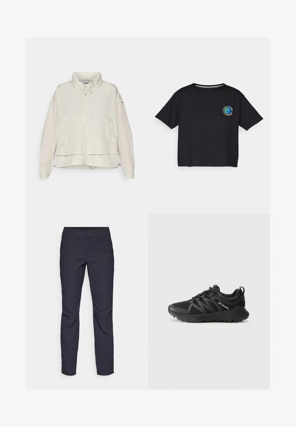 Columbia PARACUTIE™ - Vējjaka - dark stone; Melnas kokvilnas T-krekls ar īsām piedurknēm, kuram uz krūtīm ir apaļa krāsaina emblēma. Taisnā apakšmalā un brīvā piegriezumā.; Navy zila bikses, kas izgatavotas no gludas auduma, ar priekšējo pogu aizdari, pieguļošu siluetu un krokām pie ceļgaliem.; Columbia PEAKFREAK - Pārgājienu apavi - black