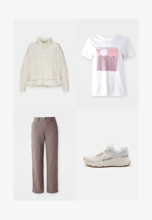 Columbia PARACUTIE™ - Jachetă de vânt - dark stone; Tricou alb din bumbac, cu o grafică de munte roz, un soare și textul "COLUMBIA" și "ÎNTOTDEAUNA AFARĂ | PACIFIC NORTHWEST."; Pantaloni din twill de bumbac maro, cu croi drept, având închidere cu buton frontal și buzunare laterale, textură netedă și linii curate.; Pantofii sport Columbia, ușori, din plasă albă, cu o talpă texturată gri și tracțiune din cauciuc. Prezintă o margine căptușită și un design cu șireturi.