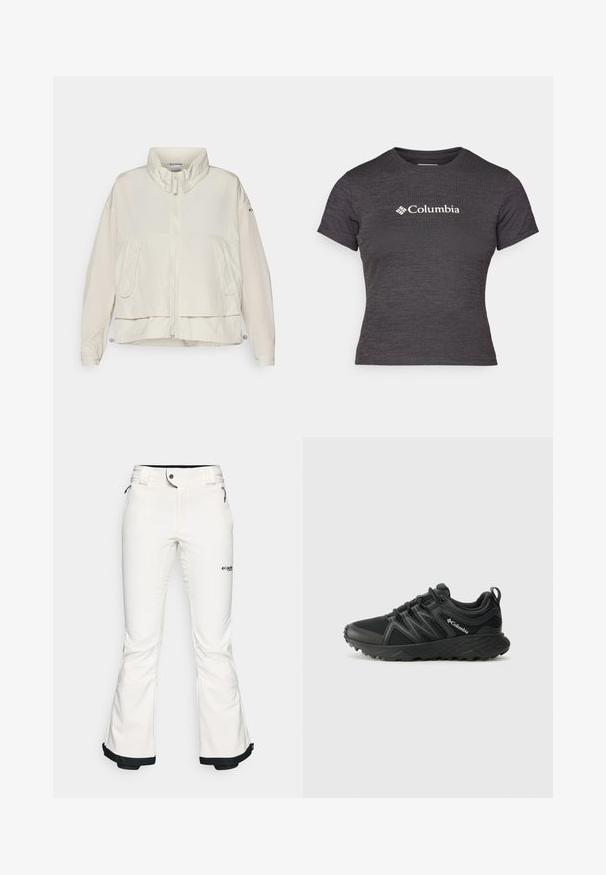 Columbia PARACUTIE™ - Vindjakke - dark stone; Mørk grå kortermet t-skjorte laget av teksturert stoff med rund hals, med en hvit Columbia-logo over brystet.; Hvite skibukser laget av mykt, fleksibelt materiale. Har en tettsittende midje, vide, utvidede ben og svart kanting ved ermene. Merkevarelogo synlig.; Columbia PEAKFREAK - Fjellsko - black