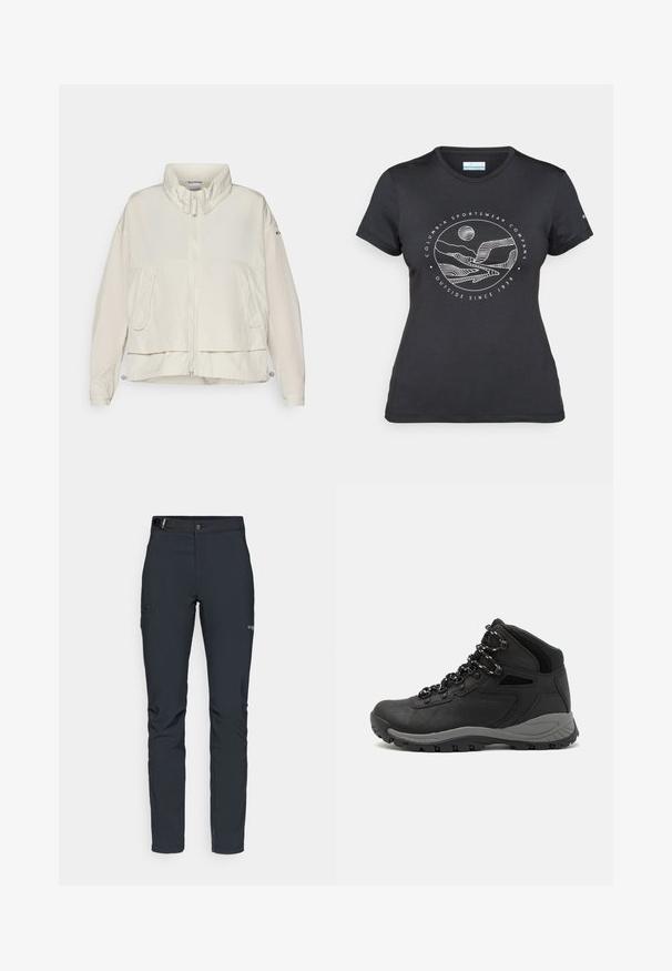 Columbia PARACUTIE™ - Tuulitakki - dark stone; Musta Columbia T-paita, jossa on valkoinen ympyrämuotoinen vuori- ja joki-viivataide sekä teksti "Columbia Sportswear Company Ulkona vuodesta 1938."; Miestne vonkajšie nohavice, tmavo šedé, vyrobené z flexibilného materiálu, s opaskom, zipsovými vreckami a zosilneným šitím.; Musta vaelluskenkä, jossa on puolivartinen muotoilu, jolle on ominaista teksturoitu päällinen, harmaat yksityiskohdat ja kestävä kumipohja, jossa on pitoita lisääviä lukuja.