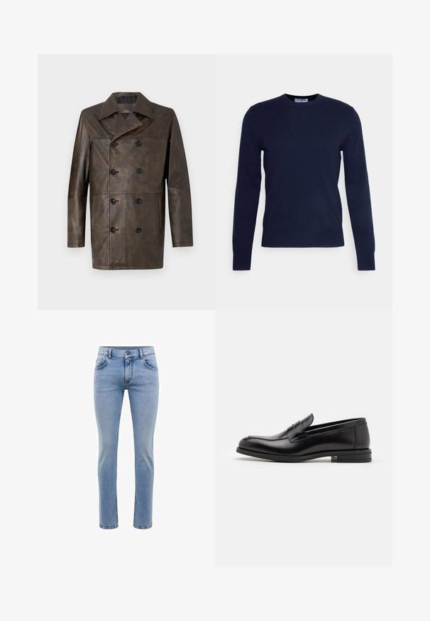 Pruun nahkne kahepoolne mantel, millel on lai krae, suured mustad nööbid ja sirge lõige. Sile tekstuur minimaalsete detailidega.; Tumedat navy-sinise värvi ümarkaelusega soojusjakid, mis on valmistatud pehmest kangast, pikkade varrukate ja ribakujulise alläärega. Pole nähtavaid mustreid ega kaunistusi.; Heledad sinine denimist teksapüksid, kitsas lõige, viie taskuga ja sirge jalaga disain. Omab tõmblukkuga lukkuklappi ja vöörihmasid. Pehme tekstuur.; Mustad mustad nahast loafers sileda tekstuuriga, ümarat ninaosa ja dekoratiivne riba vampi üle. Madal kihiline konts, minimalistlik disain.