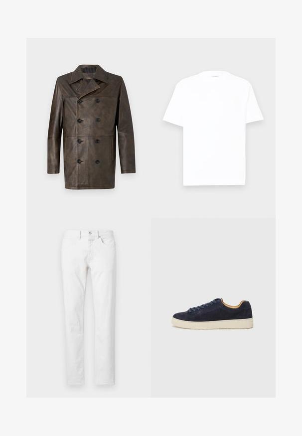 Smeđi kožni dvostruko kopčani kaput s širokim ovratnikom, velikim crnim gumbima i ravnim krojem. Glatka tekstura s minimalnim detaljima.; Bijela pamučna majica s okruglim izrezom, kratkim rukavima i opuštenim krojem. Glatka tekstura, minimalni detalji i bez uzoraka ili grafike.; Bijele traperice ravnog kroja izrađene od denima, sa pet džepova, zatvaranjem na gumbe i klasičnim krojem s minimalnom teksturom.; Mornarsko plava nubuk niska tenisica s okruglim prstom, off-white gumeni đon i usklađene vezice; ima kontrastnu smeđu unutrašnju oblogu.