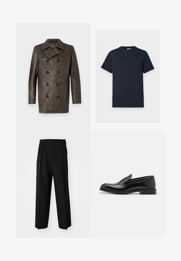 Brun læder dobbeltbrystet frakke med bred krave, store sorte knapper og lige snit. Glat tekstur med minimal detaljer.; Marineblå bomulds T-shirt, korte ærmer, rund halsudskæring, har et struktureret logo-design på brystet i en lysere nuance.; Sorte plisserede bukser med et lige, bred ben-design. Fremstillet af glat stof, med en knaplukning og bæltesløjfer.; Sorte læderloafers med en glat overflade, rund tå og en dekorativ strop over vampen. Lav hæl med stabeldesign, minimalistisk stil.