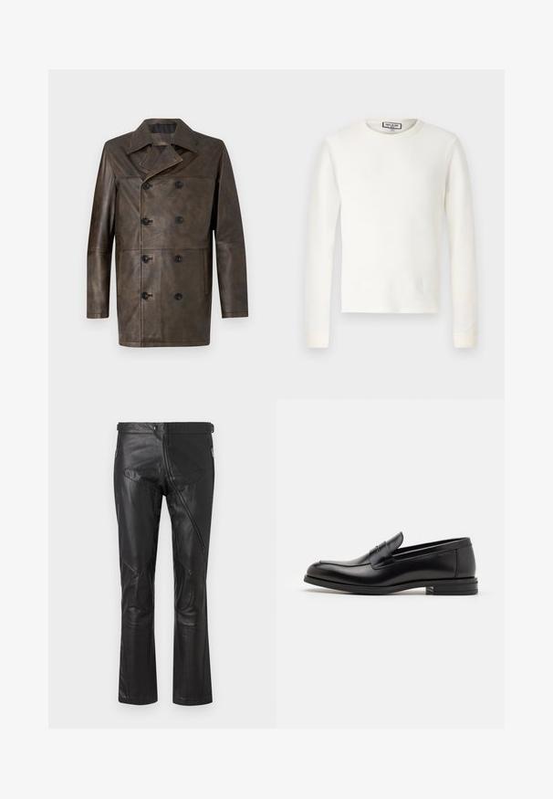 Rudas odinis dvigubai užsegamas paltas su plačiu apykakle, dideliais juodais mygtukais ir tiesiu siluetu. Lygus paviršius su minimaliais dekoratyviais elementais.; Balta ilga rankovė termoaktyvi marškinė su ribota tekstūra, apvaliu iškirpimu ir juostelėmis aplink riešus. Švarus dizainas be raštų ar papildomų akcentų.; Juodi odiniai kelnių su tiesiu kirpimu, su užtrauktukais kišenėse, kelio pleistrais ir reguliuojamo liemens detalėmis. Lygus paviršius.; Juodos odinės loafers, turinčios lygų paviršių, apvalią noselę ir dekoratyvinę juostą per priekinę dalį. Žemas krentantis kulnas, minimalistinis dizainas.