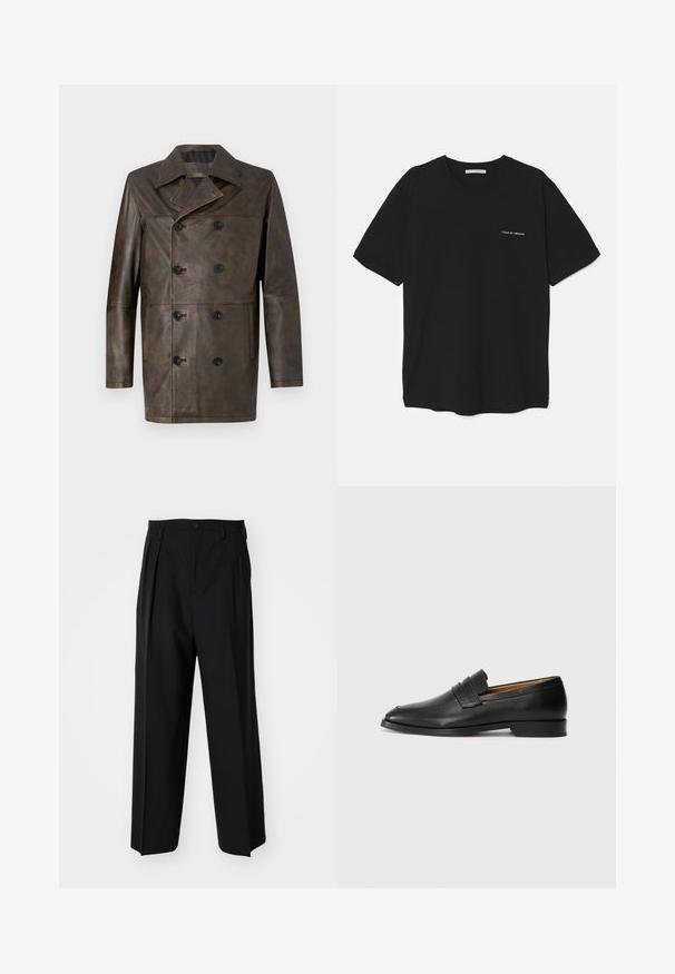 Rjava usnjena dvoredna plašč z širokim ovratnikom, velikimi črnimi gumbi in ravnim krojem. Gladka tekstura z minimalnimi detajli.; Črna bombažna majica s kratkimi rokavi in okroglim ovratnikom, z belim logotipom natisnjenim na levi prsni strani. Preprost, enobarven dizajn.; Črne nabirane hlače s ravnim, širokim krojem. Narejene so iz gladkega materiala in imajo zadrgo ter pasne zanke.; Črne usnjene loferice z zaobljenim prstom, subtilnim šivanjem in nizkim petam, ki se odlikujejo po gladki teksturi in minimalističnem oblikovanju.