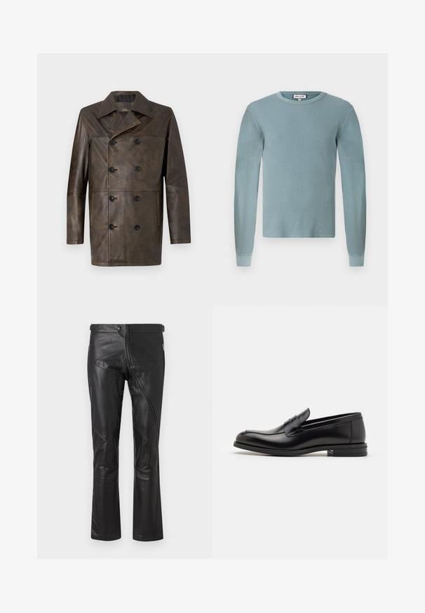 Brown leather double-breasted coat featuring a broad collar, large black buttons, and a straight cut. Smooth texture with minimal detailing.; Light blue long-sleeve shirt with a ribbed texture and a round neckline. Features fitted cuffs and a simple branded label on the collar.; Black leather pants with a straight-leg design, featuring zippered pockets, knee patches, and adjustable waist details. Smooth texture.; Black leather loafers with a smooth texture, rounded toe, and a decorative strap across the vamp. Low stacked heel, minimalist design.