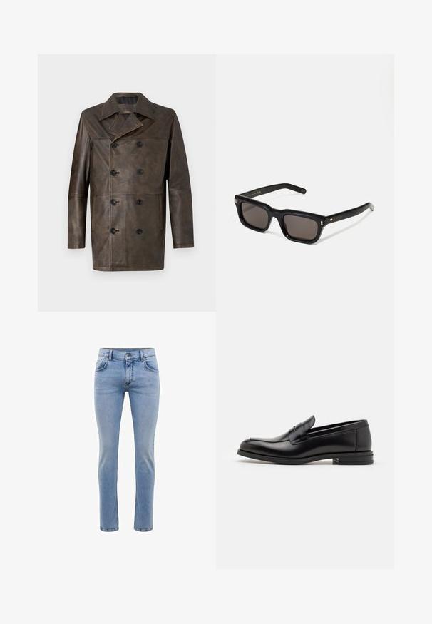 Barna bőr, dupla bundás kabát széles gallérral, nagy fekete gombokkal és egyenes szabással. Simább textúra minimális részletezéssel.; Fehér, rövid ujjú felső pamut anyagból, kerek nyakkivágással. Egyszerű dizájn, minta vagy díszítés nélkül. Sima textúra.; Világoskék farmernadrág, karcsú szabású, öt zsebes, egyenes lábbal. Cipzáros záródás és övhurkok jellemzik. Puha tapintású.; Fekete bőr loaferek sima textúrával, kerek orral és dekoratív pánttal a vampnál. Alacsony, rétegelt sarkú, minimalista dizájn.; Fekete téglalap alakú napszemüveg sötét lencsékkel, vastag műanyag keret, arany díszítések a szárakon, és a márka logója gravírozva a szára.