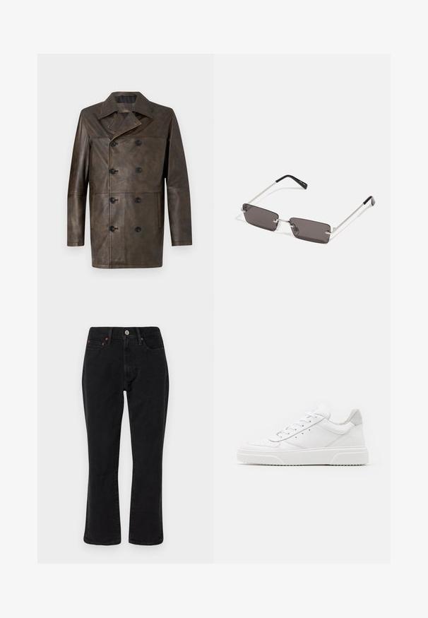 Brun läder dubbelt knäppt kappa med bred krage, stora svarta knappar och rak skärning. Slät textur med minimala detaljer.; Vit bomulls t-shirt med kort ärm, rund halsringning och en röd grafisk text "DELICIOUS REFRESHING FRUIT" på framsidan.; Svarta denimjeans med rak benform, femfickorsdesign och metallbeslag med kopparaccenter. Mjuk textur och medelhög midja.; Vita lädersneakers med en slät yta, rund tå, platta snören och en texturerad sula. Grå mockadetalj vid hälen.; Solsken med rektangulära, mörkgrå linser, silverfärgade metallramar och svarta plastspetsar på bågarna. Lättviktsdesign med näskuddar.