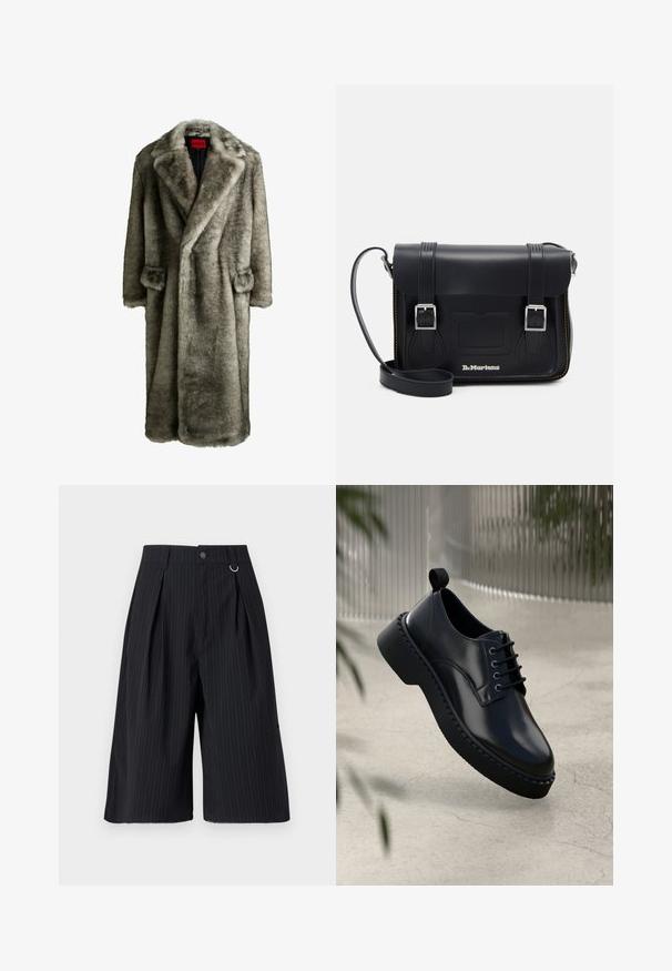 HUGO Klasický kabát - grey four; Biela bavlnená košeľa s dlhým rukávom a gombíkmi na golieri, ľavý prsný vrecko a malé modré logo na dolnej ľavej strane.; Čierne krátke nohavice s prúžkami, záhybmi, zapínaním na gombík a kovovým krúžkom ako dekoráciou. Hladká tkanina s presným strihom a dĺžkou po koleno.; Čierna kožená topánka s okrúhlym špičkou, šnurovací dizajn a hrubou gumovou podrážkou s textúrovaným okrajom. Elegantný povrch a minimálne kovanie.; Čierna kožená messenger taška so striebornými prackami, žltým prešívaním, nastaviteľným popruhom a prednou kapsou. Značkové logo vystavené vpredu.