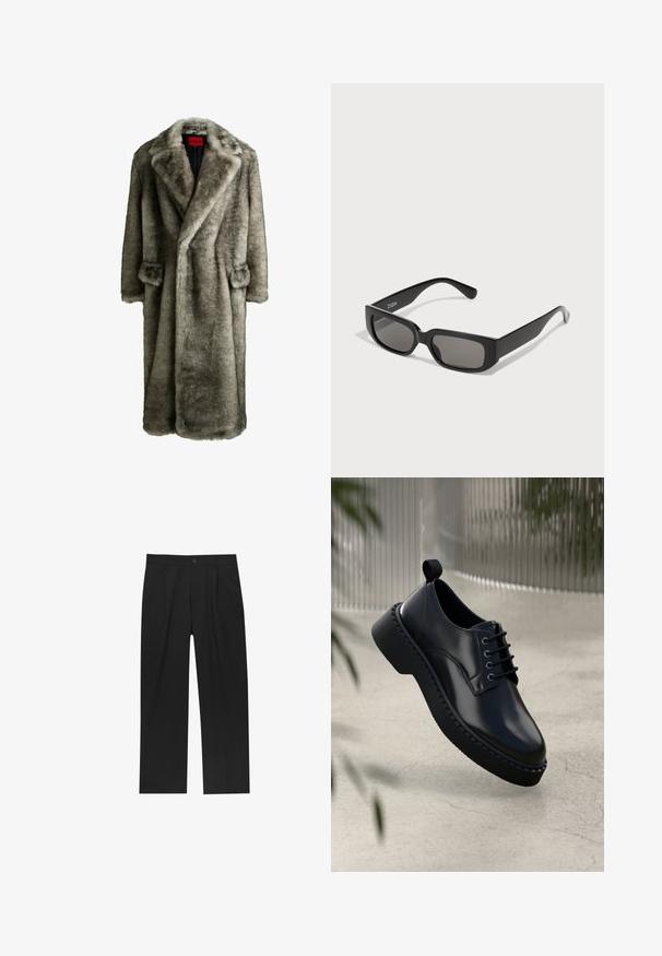 HUGO Palton clasic - grey four; Pachet de cinci tricouri negre cu guler rotund. Mâneci scurte, material din bumbac, croială standard. Textură netedă fără modele sau embellishments vizibile.; Pantaloni negri cu un design drept, fabricați dintr-un material neted. Au plisse în față și un sistem de închidere cu un singur buton la talie.; Pantof cu toc rotund din piele neagră, cu sistem de împletire, și o talpă groasă din cauciuc cu margine texturată. Finisaj elegant și hardware minim.; Ochelari de soare dreptunghiulari negri cu lentile fumurii, realizați din plastic neted. Au un design minimalist cu brațe drepte și o marcaj subtil.; Geantă de umăr din piele neagră, cu catarame argintii, cusături galbene, curea ajustabilă și un buzunar frontal. Logo-ul mărcii este afișat pe partea din față.