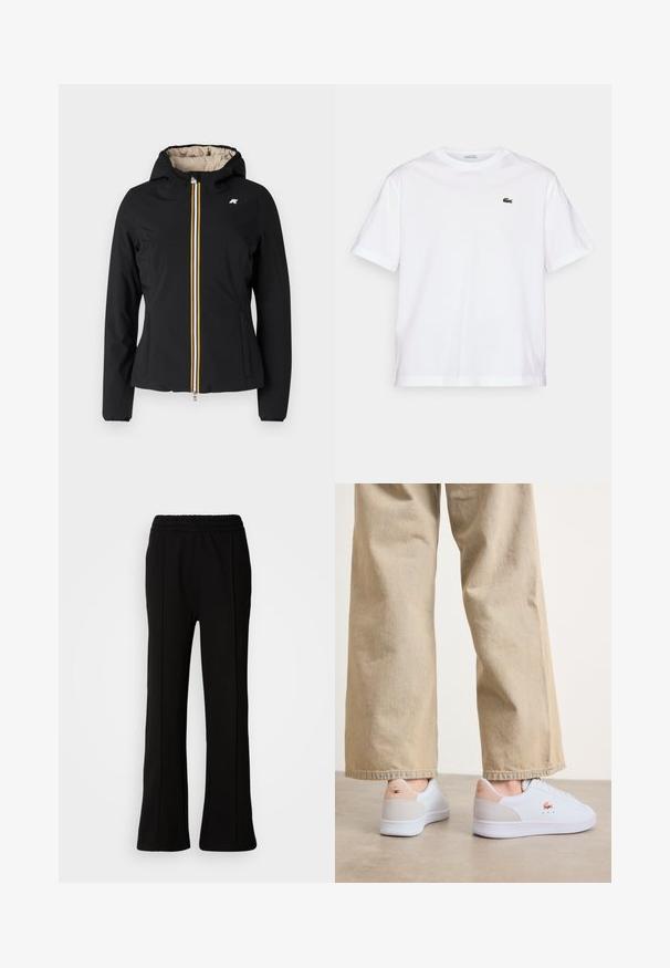K-Way REVERSIBLE WARM DOUBLE - Lahka jakna - black/beige; Bela bombažna majica s krožno ovratnikom in kratkimi rokavi. Ima zeleno vezeno logo na prsih. Mehka tekstura, sproščen kroj.; Črne elastične hlače z zračnim dizajnom, ki se ponašajo s čistimi linijami in brez vidnih okrasnih elementov. Narejene iz gladkega, raztegljivega blaga.; Bele tenisice z gladko usnjeno površino, ki imajo bež usnjeno podrobnost na peti in subtilno blagovno znamko. Usklajene z svetlim bež hlačami.