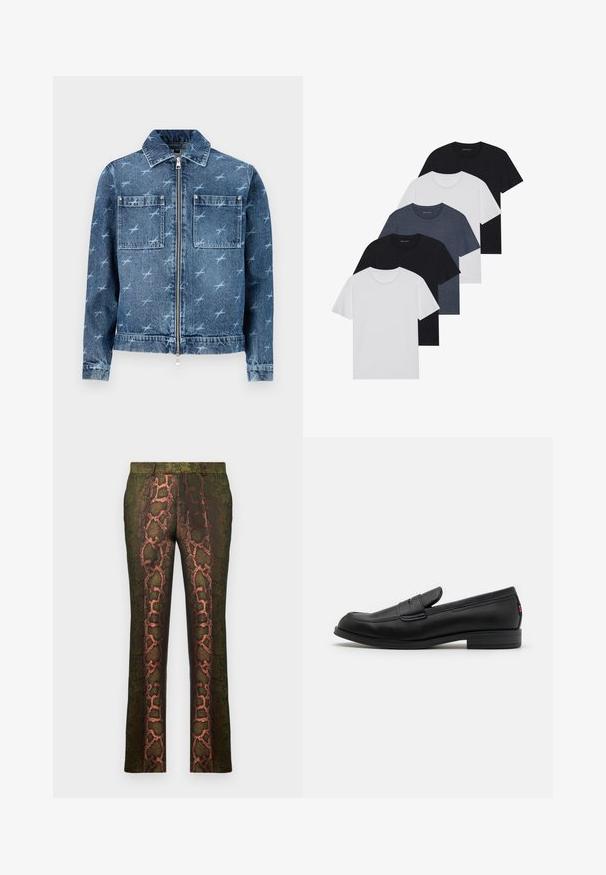 Chaqueta de mezclilla en azul claro con un diseño estampado de pequeños pájaros. Cuenta con un cierre de cremallera en la parte delantera, dos bolsillos en el pecho y un cuello clásico.; Conjunto de cinco camisetas en negro, blanco y azul marino. Tejido de algodón, de manga corta, diseño de cuello redondo y textura lisa sin patrones.; Pantalones verdes con estampado de serpiente en tonos marrones y naranjas, de corte recto y textura suave.; Mocasines de cuero negro con un acabado suave, punta redondeada y una pequeña solapa decorativa. Presentan un tacón bajo y apilado, así como un detalle sutil de marca.