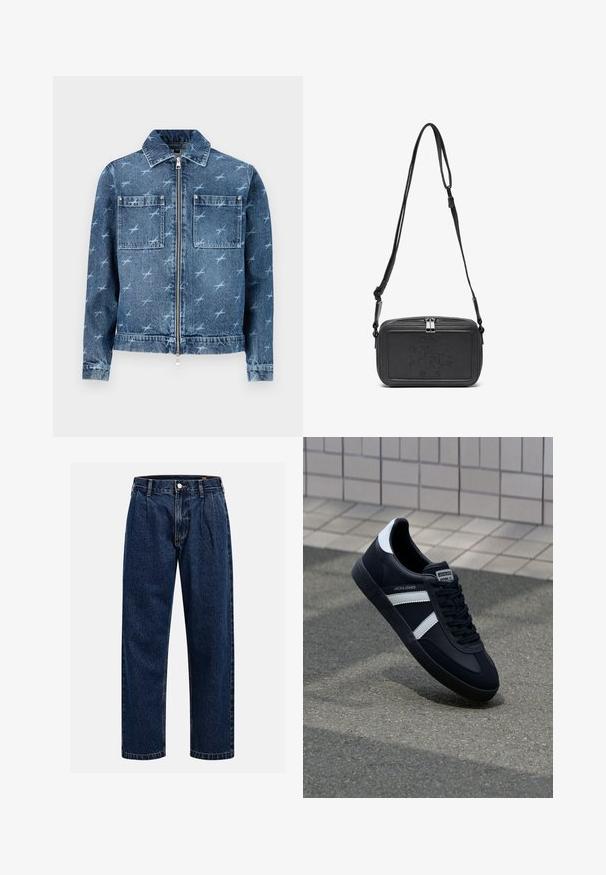 Lys blå denimjakke med et mønster av små fugler. Har glidelås foran, to brystlommer og klassisk krage.; Kremfarget bomulls T-skjorte med korte ermer og rund hals. Har et grafisk trykk i blått og rødt med tekst og et motiv.; Mørkeblå denimjeans med rett ben-design. Har synlige sømmer, knappestengning og frontfolder for ekstra detaljer.; Sorte lærersneaker med hvite striper, teksturert gummihæl og snøring foran. Har et merketikett på tungen.; Svart skinn crossover-veske med glidelås, preget logo på fronten og justerbar stropp. Glatt tekstur med rektangulær form.