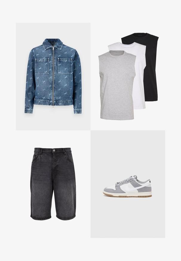 Heled sinine teksajakk, millel on väikeste lindude mustriga disain. Omab lukuga esist, kahte rinnaTaskut ja klassikalist kraed.; Kolm ilma varrukat särk hallis, valges ja mustas värvios. Pehme puuvillane materjal, ümar kaelus ja mugav lõige. Lihtne disain, ilma mustriteta.; Mustad teksashortsid, mis omavad lõdva istuvust, viit taskut ja nööbiringi. Kanga pind on sileda tekstuuriga ning kergete vicepitikutega.; Halli ja valge tennis鞋, millel on nubuk- ja nahkdetailid, ümar varvas, lamedad nöörid ning kummist tald, millel on kola aktsent.