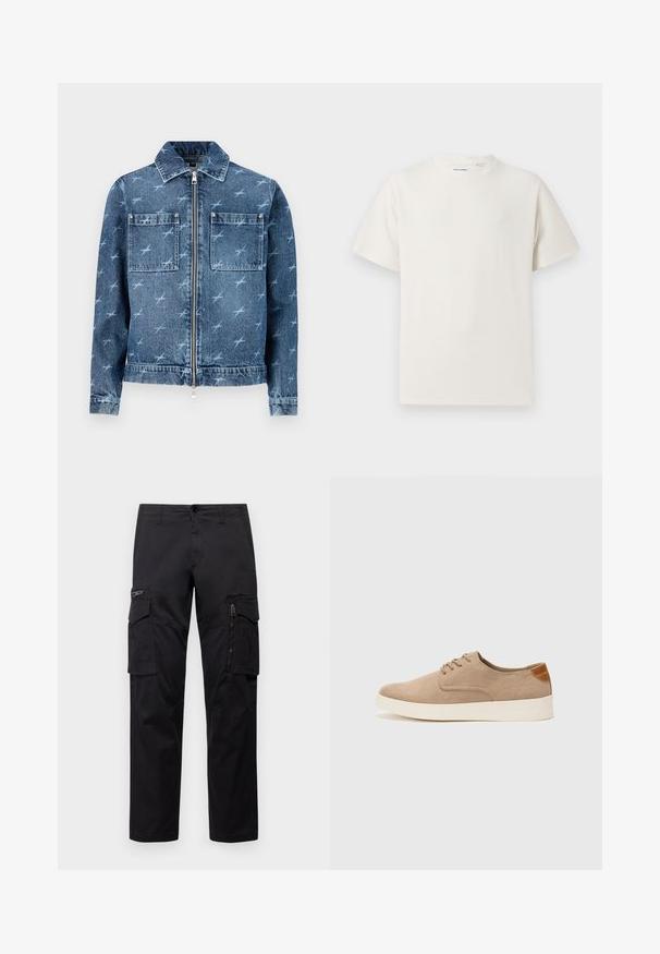 Lys blå denimjakke med et mønster av små fugler. Har glidelås foran, to brystlommer og klassisk krage.; Hvit T-skjorte med kort erm i ribbestrikket tekstur. Rund hals, avslappet passform, ingen synlige mønstre eller detaljer. Enkelt og allsidig design.; Sorte cargo bukser med flere lommer, en lynlåslomme på låret, rett passform og solid bomullsstoff med lett glans.; Beige semskinnsko med rund tå, snøring foran og en teksturert bakre aksent. Hvit gummisåle gir kontrast. Enkelt og moderne design.