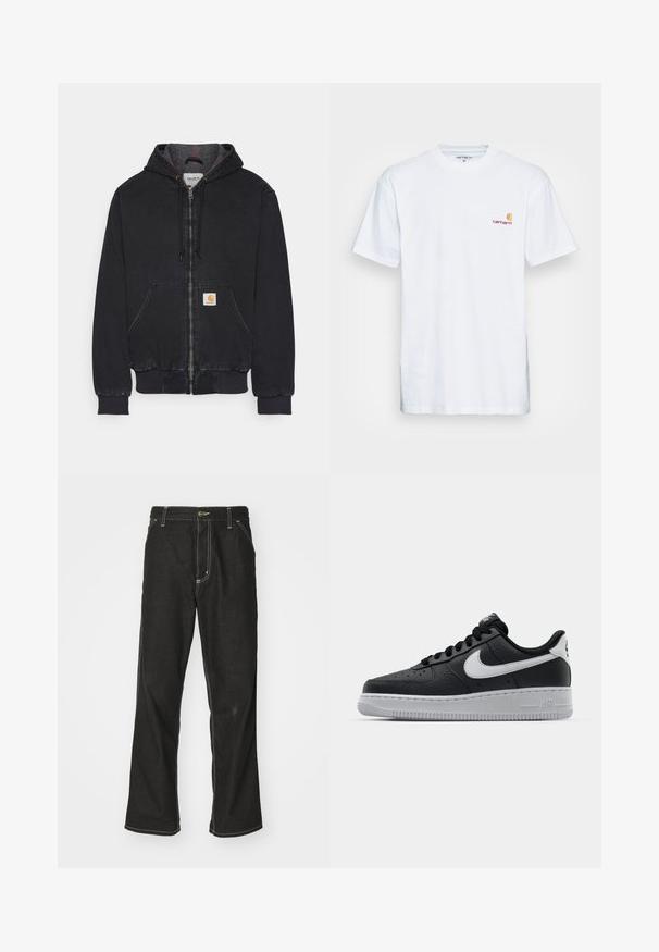 Svart hettegenser laget av denim, med frontglidelås, to sidelommer, ribbestrikkede mansjetter og kant, samt et logomerke på venstre lomme.; Hvit bomull t-skjorte med korte ermer. Designet med en liten logo i oransje og mørkerød på venstre bryst. Har en klassisk rund hals.; Svarte denimbukser med løs passform, med kontrastfylt hvit søm, knappelukking og rett ben-design.; Svart lær sneakers med teksturert overflate, hvit Nike swoosh, grå såle, rund tå og snøredesign. Har perforeringer på tåboksen.