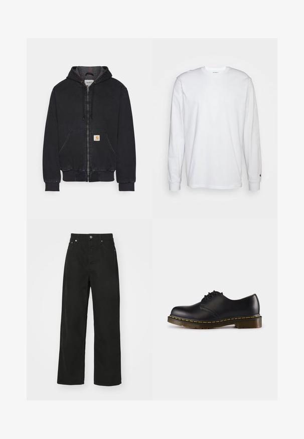 Black hooded jacket made of denim, featuring a front zipper, two side pockets, ribbed cuffs and hem, and a logo patch on the left pocket.; White long-sleeved T-shirt made of cotton. Crew neck design with ribbed cuffs and a small logo on the left sleeve. Smooth texture.; Black denim trousers with a straight leg design, featuring five pockets, a button closure, and a classic waistband. Smooth texture.; Black leather shoe with rounded toe, lace-up design, yellow stitching along the sole, and a chunky, textured rubber outsole.