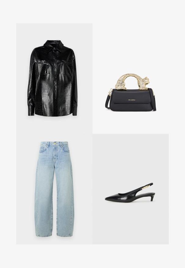 Fekete műbőr ing krokodil mintával, hosszú ujjakkal, gombos elejével és gallérral. Két elülső zseb fényes felülettel.; Kötött pulóver világosbarnában és feketében, texturált mintával, fonott vonalakkal, két elülső zsebbel és aranygombos díszítéssel a vállon.; Világoskék farmer széles szárú nadrág magas derékkal, enyhe kopással, öt zsebbel és arany tónusú fémrészekkel. Az alsó szegély egyenes és befejezetlen.; Fekete bőr slingback magassarkúk, hegyes orral, vékony sarkakkal és arany színű részlettel a állítható pánton. Simа felület.; Fekete bőrtáska arany macska alakú fogantyúval, elülső fedéllel, állítható pánttal és logó részlettel az alsó részen.
