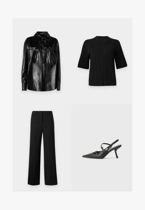 Svart faux skinnskjorte med krokodilletekstur, lange ermer, knapper foran og krage. To fremre lommer med glansf finish.; Sort genser med korte ermer i ribbestrikket tekstur og høy hals, med vertikale linjer og en tettsittende silhuett.; Sorte vide bukser laget av et glatt stoff, med en skreddersydd passform, beltehemper og uten synlige mønstre eller dekorasjoner.; Sorte skinn slingback-hæler med spiss tå, slank hæl og dekorativ spenne detalj på vampsiden. Glatt tekstur og stilrent design.