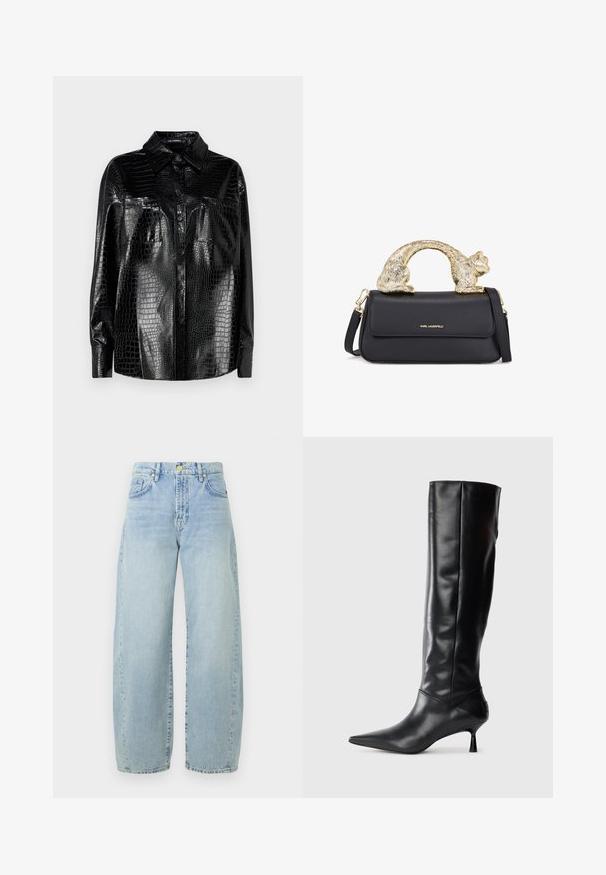 Melnas mākslīgās ādas krekls ar krokodila tekstūru, garām piedurknēm, pogu aizdari un apkakli. Divas priekšējās kabatas ar spīdīgu apdari.; Melnā drānā kleita, kas izgatavota no teksturēta auduma, ar vairākiem slāņiem un saplācotu kakla izgriezumu, radot apjomīgu siluetu.; Gaiši zili džinsi ar platu kāju un augstu jostasvietu, ar nedaudz nolietojumu, piecām kabatām un zelta krāsas aparatūru. Apakšmala ir taisna un neapstrādāta.; Melnas ādas ceļgala augstuma zābaki ar norādītu purngalu un plānu izliekumu papēdi. Gluda tekstūra, pieguļošs dizains un bez redzamām detaļām vai rakstiem.; Melnā ādas rokassoma ar zeltītu kaķa formas rokturi, ar priekšējo vāku, regulējamu siksnu un logo detaļu apakšējā priekšā.