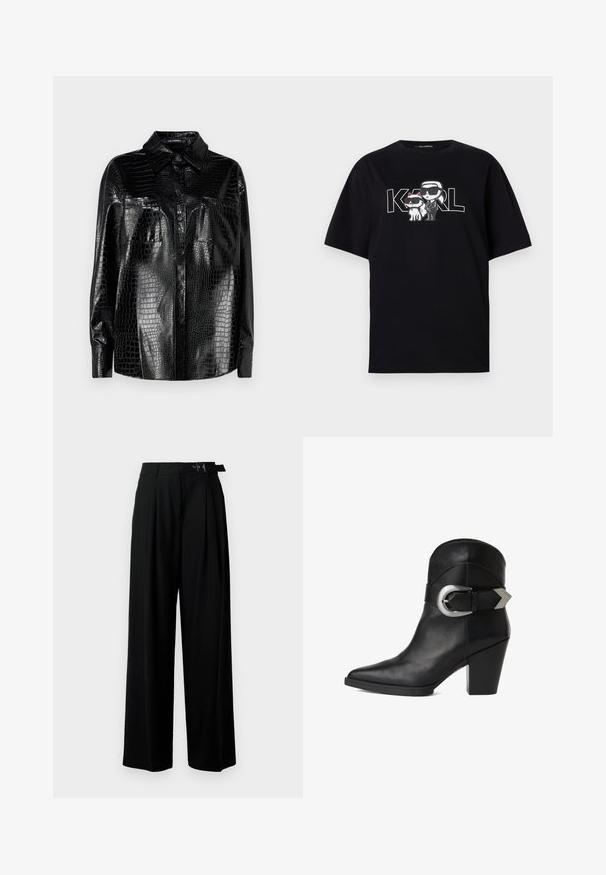 Fekete műbőr ing krokodil mintával, hosszú ujjakkal, gombos elejével és gallérral. Két elülső zseb fényes felülettel.; Fekete pamut póló, amelyen két napszemüveges mesefigura grafikai nyomat látható, mellette a "KARL" felirat vastag betűkkel.; Fekete, bő szárú nadrág magas derékkal, elöl pliszírozva, és csattal ellátott övvel. Simább, könnyű anyagból készült.; Fekete bőr boka csizma hegyes orral, vastag sarokkal és széles pánttal, amely oldalt egy kör alakú ezüst csattal díszítve. Sima textúra.