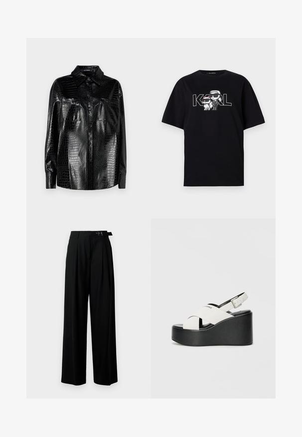 Črna faux usnjena srajca s teksturo krokodiljega usnja, dolgimi rokavi, sprednjim gumbom in ovratnikom. Dve sprednji žepu z sijočo obdelavo.; Črna bombažna majica s grafikonom dveh risanih figur v sončnih očalih, ob spremljavi besedila "KARL" v poglobljenih črkah.; Črne široke hlače z visokim pasom, gubami spredaj in pasom z zaponko. Narejene so iz gladkega, lahkega materiala.; Bele platform sandale z belo podlago, ki imajo črno dno, s prečnimi trakovi in nastavljivim zaponko za gleženj. Gladka tekstura, moderna oblika.