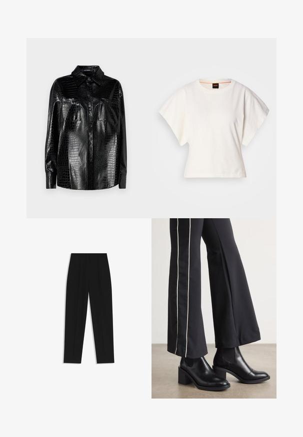 Black faux leather shirt with a crocodile texture, long sleeves, button front, and a collar. Two front pockets with glossy finish.; White cropped T-shirt, short wide sleeves, soft cotton material, round neckline with subtle orange trim, minimal design, no patterns or graphics.; Black trousers with a straight fit, featuring double pleats, a smooth texture, and a classic waistband design. No visible hardware or accents.; Black leather ankle boots with a block heel, featuring elastic side panels. Paired with black pants that have a white side stripe.