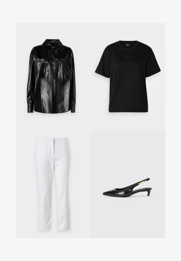 Fekete műbőr ing krokodil mintával, hosszú ujjakkal, gombos elejével és gallérral. Két elülső zseb fényes felülettel.; Fekete pamut póló kerek nyakkivágással, rövid ujjakkal és hímzett logóval a mellkasán. Egyszerű, laza szabás, minta nélkül.; Fehér pamut nadrág egyenes lábformával, közepes derékkal, látható fémrészek vagy minták nélkül. Sima textúra az egész anyagon.; Fekete bőr slingback magassarkúk, hegyes orral, vékony sarkakkal és arany színű részlettel a állítható pánton. Simа felület.