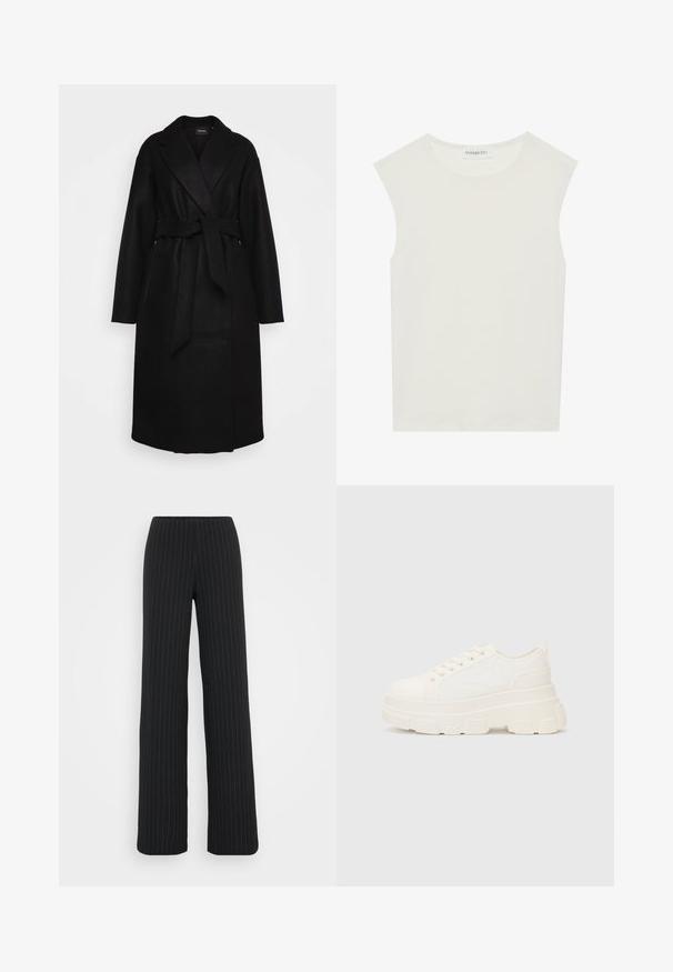 Vero Moda Tall VMFORTUNE LONG - Casaco clássico - black; Top branco sem mangas com decote redondo. Feito de um tecido liso, apresenta um corte descontraído e um design minimalista. Sem padrões ou detalhes.; Vero Moda Tall VMBERLIN MY WIDE - Calças - obsidian/oatmeal; Sapatilhas brancas em lona com sola espessa, biqueira arredondada e cinco ilhós para atacadores. Laço traseiro para calçar facilmente. Textura suave, design minimalista.