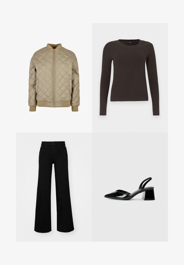 Beige quilted bomber jacket with a zip front, ribbed collar, and cuffs. Features a diamond pattern on the fabric. Smooth texture.; Brown, long-sleeve ribbed top with a crew neckline. Made from a smooth, stretchy material, featuring a fitted silhouette and minimal detailing.; Black wide-leg pants made of denim, featuring a structured waistband, belt loops, and front pockets. Smooth texture with a classic design.; Black patent leather slingback heels with a pointed toe and a geometric block heel. Features a sleek, minimal design and smooth texture.