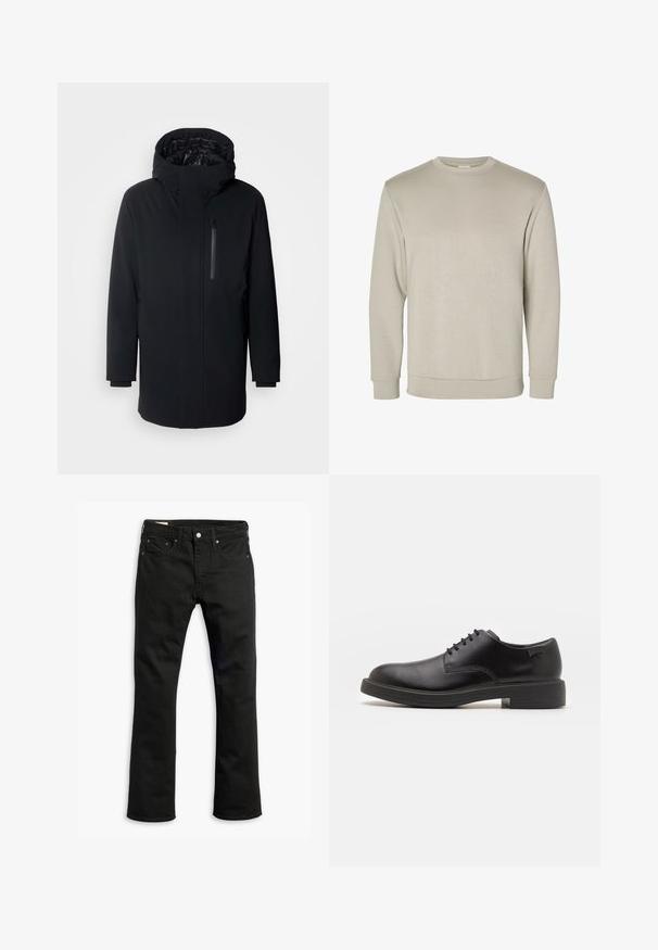 Strellson CROSS - Wintermantel - black; Beige lange mouw crewneck sweatshirt, gemaakt van zacht materiaal, met ribgebreide manchetten en zoom, met een gladde textuur en minimalistisch ontwerp.; Zwarte denim jeans met een recht gesneden ontwerp, vijf zakken, metalen knoopsluiting en subtiele stikseldetails. Gladde textuur en effen kleur.; Zwarte leren veterschoen met een ronde neus, een gladde textuur, minimale stiksels en een lage rubberen hak. Logo op de hak.