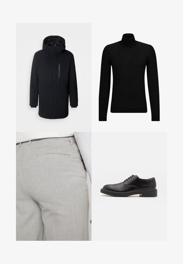 Strellson CROSS - Wintermantel - black; Schwarzer Rollkragenpullover aus weichem Material mit langen Ärmeln und enger Passform. Rippbesatz am Saum und an den Bündchen. Einfaches Design.; Hellgraue, maßgeschneiderte Hose aus strukturiertem Stoff, mit einer einzelnen Gesäßtasche und sauberer Nahtführung.; Schwarzer Leder-Schnürschuh mit abgerundetem Zeh, glatter Textur, minimaler Naht und niedrigem Gummiabsatz. Logo auf der Ferse.