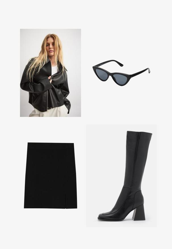 Zwarte neplederen jas met een ritsluiting, brede kraag en ruime mouwen, gelaagd over een witte top, tegen een lichte achtergrond.; Olijfgroene gebreide trui met een ronde hals, lange mouwen en een geribde zoom. Beschikt over een cropped ontwerp met een zachte, gestructureerde afwerking.; Zwarte mini rok gemaakt van zachte stof met een aansluitend ontwerp, met een lichte inkeping aan de zijkant voor extra detail.; Zwarte leren laars tot de knie met een vierkante neus, een gladde textuur, een taps toelopend ontwerp en een stevige blokhak. Voorzien van stiksels.; Zwarte cat-eye zonnebril met donkergrijze lenzen, slank plastic frame, puntige hoeken en rechte pootjes. Geen zichtbare hardware of accenten.
