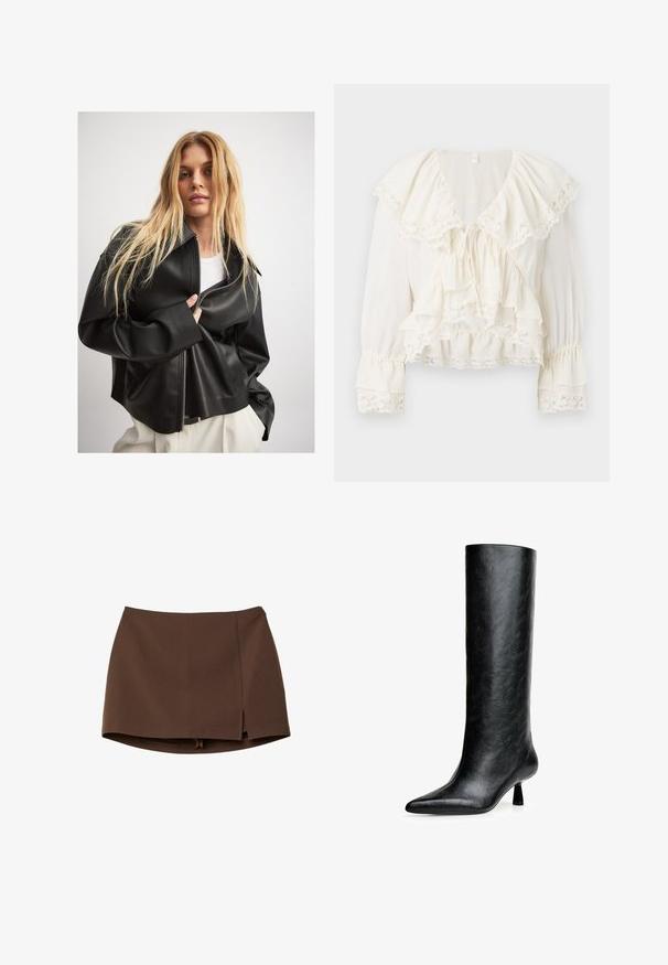 Svart konstläderjacka med dragkedja, bred krage och voluminösa ärmar, lagrad över en vit topp, mot en ljus bakgrund.; Vit blus med ett lager-på-lager, volangdesign, spetsdetaljer på ärmar och nederkant samt en V-ringning med snörning.; Brun minikjol i mjukt tyg, med slits fram, rena linjer och en strukturerad passform. Inga fickor eller framträdande metallbeslag.; Svart knähög stövel tillverkad av texturerat läder. Har en spetsig tå och en liten, utsvängd klack. Snygg, slät design med minimala detaljer.