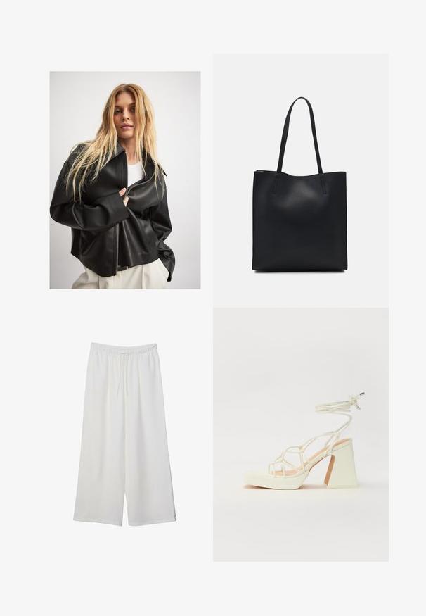Črna jakna iz umetnega usnja z zadrgo, širokim ovratnikom in voluminoznimi rokavi, prekrita s belim zgornjim delom, na svetlem ozadju.; Bela dolga majica s dolgimi rokavi iz rebraste tkanine, ki ima okroglo ovratnico in ravno rob. Preprost, enobarven dizajn.; Bele široke hlače iz lahkega materiala, ki imajo elastičen pas in vrvico za prilagajanje. Gladka tekstura.; Bela sandala na visokih petah s debelim petam, ki ima obliko trakcev in vezanje okoli gležnja. Gladka tekstura z platformo spredaj za dodatno višino.; Črna usnjena torba s svilnato teksturo, pravokotne oblike in dvema dolgima ročajema. Brez vidnih metalnih delov ali okrasnih elementov.