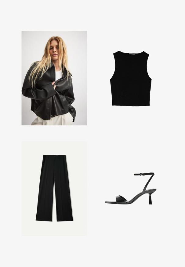 Čierna umelá kožená bunda so zipsom, širokým golierom a objemnými rukávmi, položená na bielom topu, na svetlom pozadí.; Čierny bezrukávový crop top vyrobený z hladkej tkaniny, so zaobleným výstrihom a čistým, jednoduchým dizajnom bez vzorov alebo kovania.; Bershka WIDE - Nohavice - black; Bershka Sandále na vysokom opätku - black