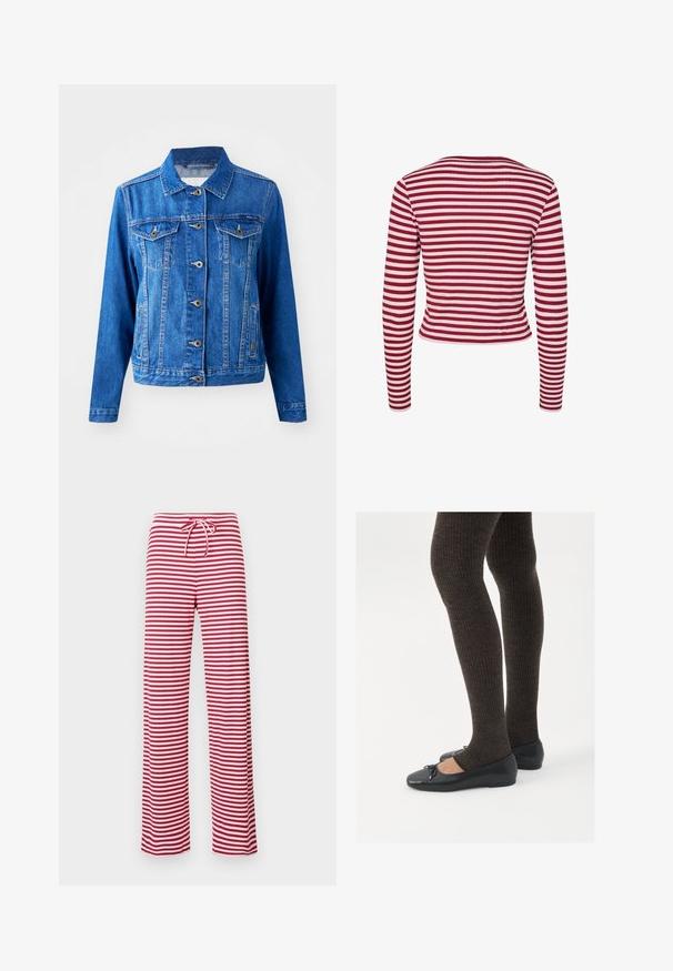Modrá džínová bunda s límcem, předním zapínáním na knoflíky, dvěma náprsními kapsami a bočními kapsami. Má kontrastní šití a mírně přiléhavý střih.; Pieces PCLAYA - Kardigan - goji berry; Bílý top s odhalenými rameny, s volánkovými detaily, nařasenou texturou a elastickým pasem. Vyrobeno z měkké bavlněné tkaniny.; Červenobílé pruhované volné kalhoty s šňůrkou v pase a žebrovanou texturou. Design rovného střihu sahá po kotníky.; Černé ploché boty s malou mašlí na špičce, kombinované s tmavě hnědými žebrovanými punčochami. Boty mají hladký povrch a nízký profil.