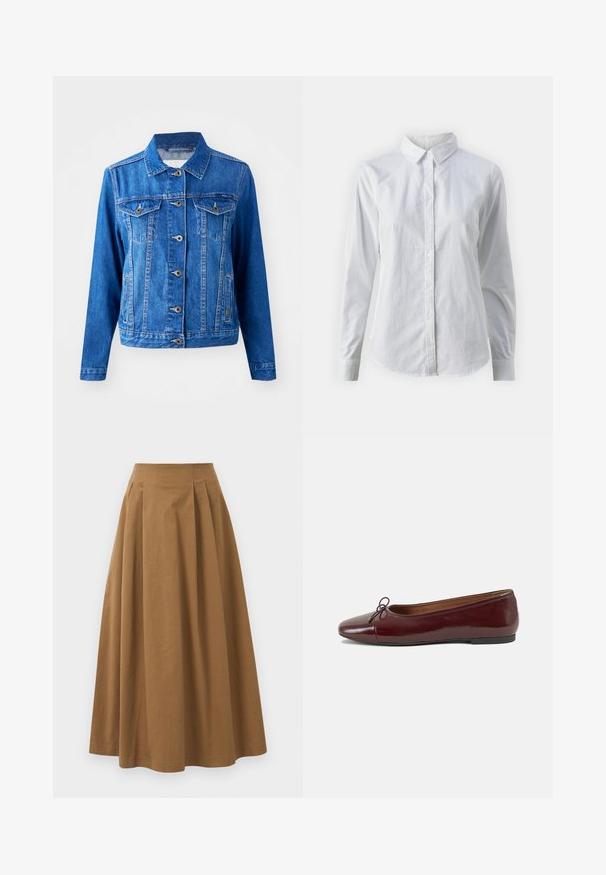 Sinine teksajakk, millel on krae, eesnuppude sulgemine, kaks rinna taskut ja küljetaskud. Omab kontrastset õmblust ja veidi kergelt liibuvat lõiget.; Valge nööpidega särk, mis on valmistatud siledast puuvillast. Särgil on klassikaline krae, pikad varrukad ja kaarduv äär. Nöödid on väikesed ja valged.; Pruun puuvillane A-line seelik kõrge vöökohaga, millel on voldid ees ja sile tekstuur. Pika serva viimistlus on puhas ja lihtne.; Burgundi patendnahk kingad balletitüüpi, ümmarguse ninaosa, ees väike paelaaktsent ja madal must kummist tald. Sile tekstuur.