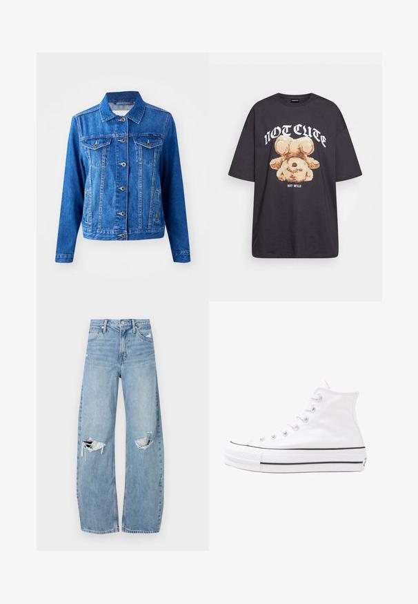 Plava traper jakna s ovratnikom, prednjim zatvaranjem na gumbe, dva džepa na prsima i bočnim džepovima. Ima kontrastne šavove i blago prilagođen oblik.; Crna oversized majica s grafikom medvjeda i natpisom "NIJE SLATKO, ALI DIVLJE" u podebljanim, bijelim slovima. Pamuk.; Svijetloplave, visoko-strukirane traperice. Imaju široke nogavice, dva razderana područja na koljenima i klasičan stil s pet džepova.; Bijela visoka platnena tenisica s crnom gumenom potplatom, prednjim gumenim zaštitnikom prstiju i šest rupa za vezanje, s čistim, minimalističkim dizajnom.