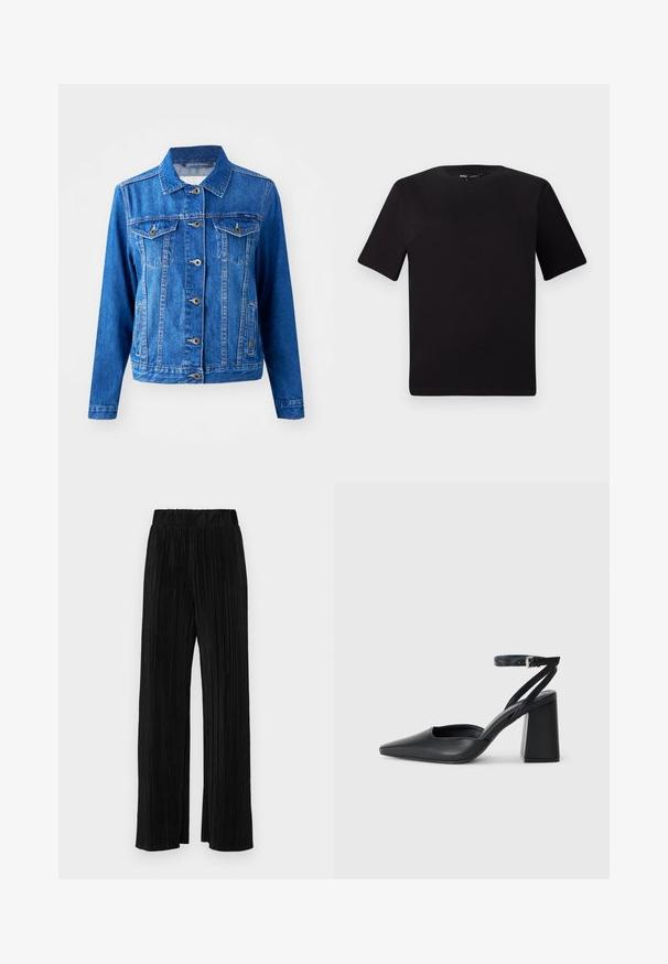 Blue denim jacket with a collar, front button closure, two chest pockets, and side pockets. Features contrast stitching and a slightly fitted shape.; Black short-sleeve t-shirt with a round neckline, crafted from soft cotton fabric. Simple design, no visible logos or patterns.; Black pleated trousers with an elastic waistband. Features wide legs and a smooth, textured fabric with vertical stripes.; Black leather pointy-toe pump with an ankle strap and a chunky heel. Flat texture, sleek design, and minimalistic aesthetics.